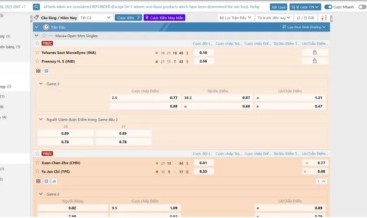 Bảng kèo cá cược Cầu Lông Tại F168