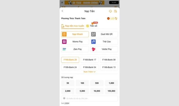 Hướng Dẫn Nạp Tiền F168 Siêu Dễ Chỉ 2 Phút Nhận Thưởng Lớn 2 Giao diện nạp tiền F168